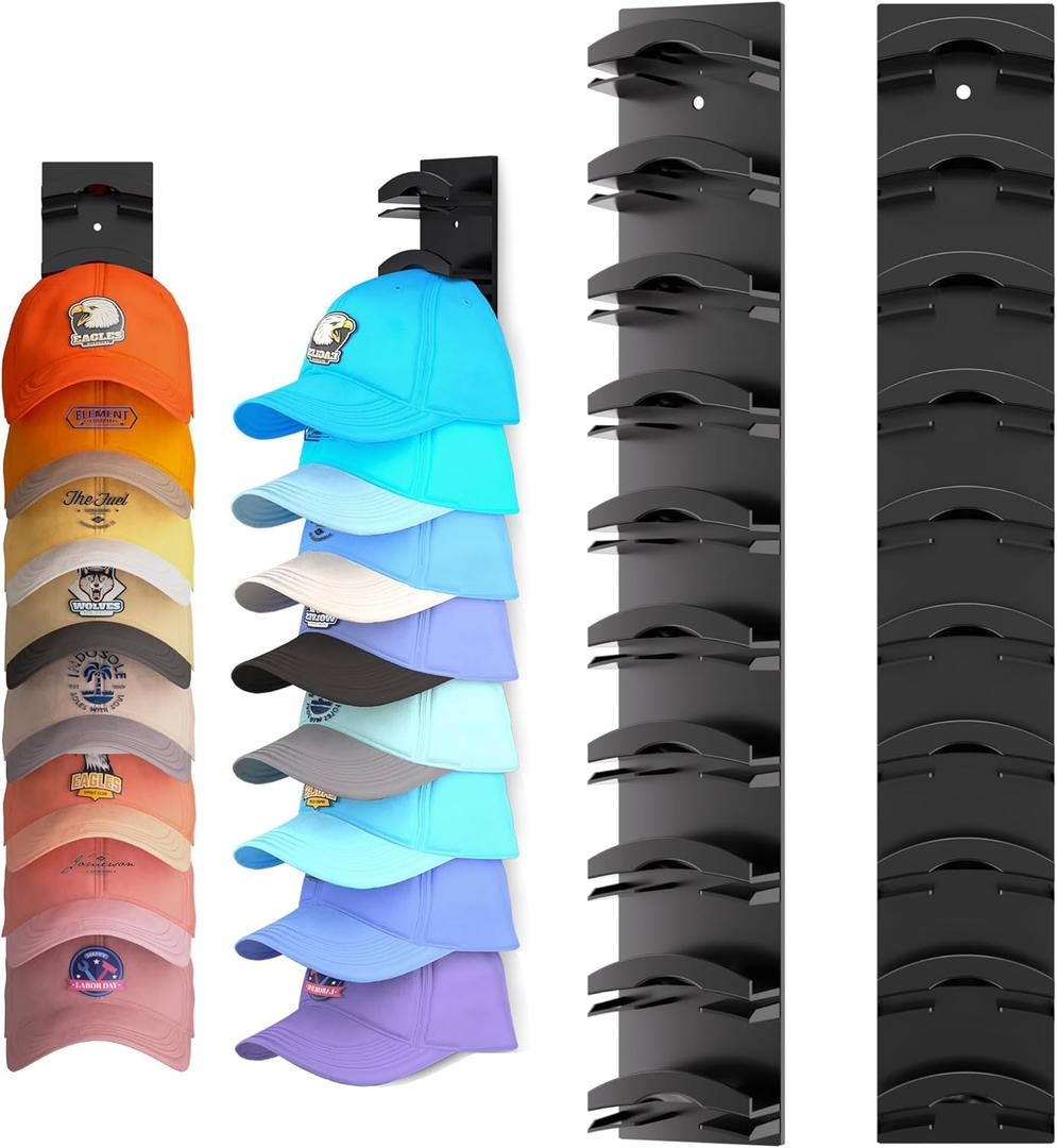 Hat Organizer for Baseball Caps 2Pack, Hat Rack for Wall with Strong Adhesive Hold up to 20 Hats, Hat Hanger Holder Display for Door Closet, Cap Organizer Storage Multilayer Two Mounting Option(Black) (1.3"D x 2.24"W x 16.54"H)