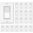 BESTTEN 20 Pack Single Pole Decorator Wall Light Switch with Wallplate, 15A 120/277V, On/Off Rocker Paddle Interrupter, UL Listed, White