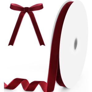 5/ 8" Wide x 25 Yards Velvet Ribbon, Vintage Single Face Velvet Ribbons for Gift Wrapping, Christmas Wrapping Bows, Wedding Decor, Sewing and More (Burgundy)