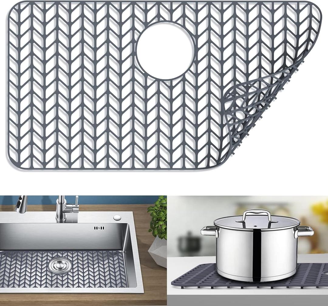 Sink Protectors for Kitchen Sink  Silicone Sink Mat| Silicone Kitchen Sink Mat Grid for Bottom of Farmhouse Stainless Steel(26"x 14"Rear Drain Gray)