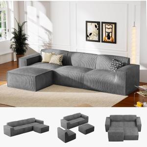 Marsail 111" L-Shape Sofa, Modular Cloud Couches with Deep Seats & High-Back, Corduroy Sectional Sofa for Living Room Bedroom with Ottoman, No Assembly Required, Grey