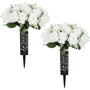 2 Sets Artificial Cemetery Flowers for Grave, Outdoor Roses Funeral Flowers with Cemetery Vase, Memorial Flowers Arrangements Bouquet Vibrant and Long-Lasting Colors(White)