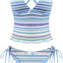 ZAFUL Women's Tankini Set V Neck Tummy Control Floral Printed Tie Side Thong Bikini Swimsuits 2 Piece Bathing Suits(C-Stripe Steelblue,L)