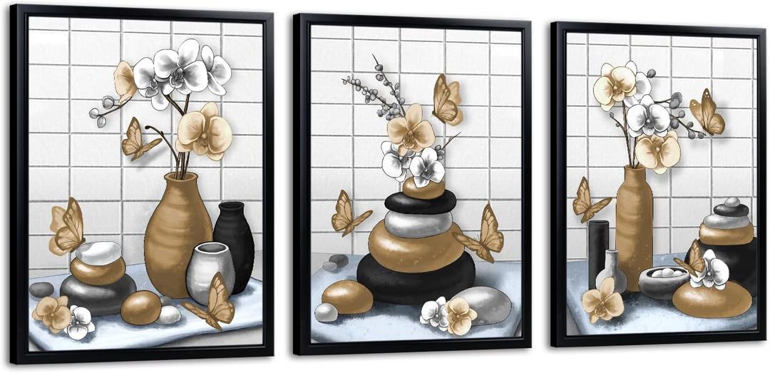 RnnJoile Brown Bathroom Decor Zen Pictures Wall Art Orchid Flower Zen Stone Modern Bathroom Decor Black Frame 12x16 inch each piece