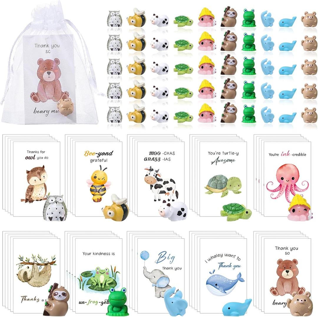 BESARME 50 Set Employee Appreciation Gifts Bulk for Coworkers Thank You Staff Teacher Appreciation Bulk Resin Animal Gift Set with Inspirational Note Cards