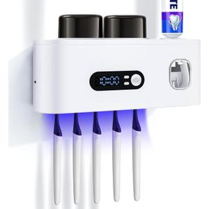 Toothbrush Holder with UV Sanitizer and Toothpaste Dispenser, Timer Display with Wall Mounted Smart Toothbrush Organizer for Bathroom, with 2 Cups and Automatic Sterilization Function, White