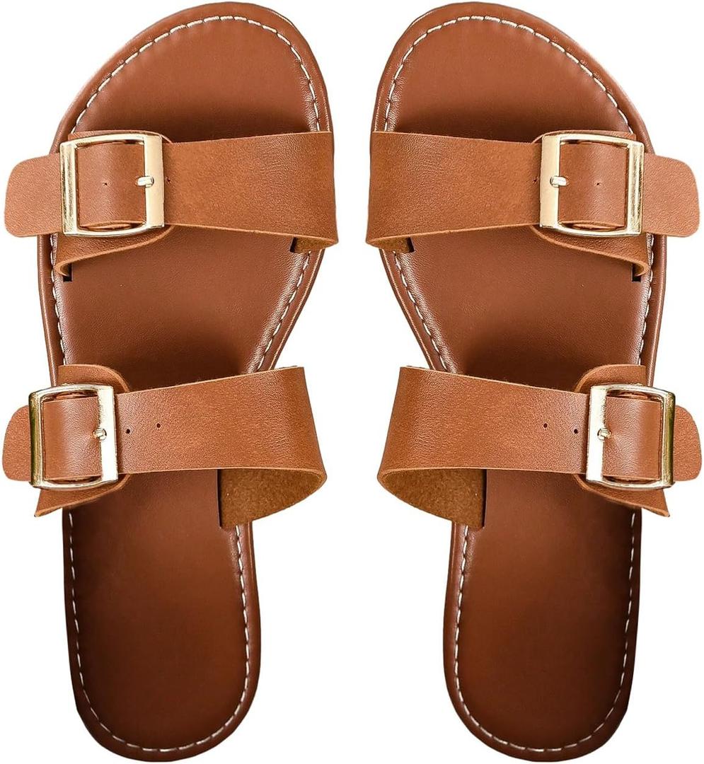 Verdusa Women's Buckle Sandals Summer Slides Open Toe Beach Outdoor Sandal Shoes (6.5, Brown)