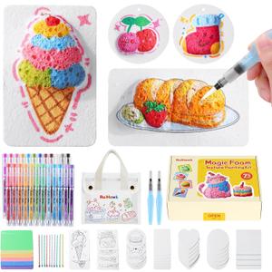 RuiHawk 75 Pcs Magic Foam Texture Painting Kit, Magic Puffy Paint Kit with 24 Auto-Flow Acrylic Markers, 38 Texture Sheets, 10 Bead Necklace & Tote Bag | DIY Art Supplies & Creative Gift for Kids