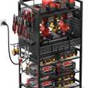 JUNNUJ Power Tool Organizer Floor Stand with Charging Station, Garage Adjustable Storage Rack Utility Tool Shelf with 8 Outlet Power Strip, Heavy Duty Drill and Battery Holder, Black (6 FT Power Cord)