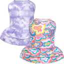 cyeollo 2 Pack Tie Dye Dog Dress Soft Breathable Dresses Dog Clothes for Small Dogs Girl Outfit Pet Apparel, Tie Dye+Flower, L