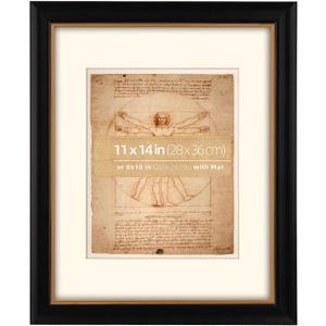 11x14 Wood Black Gold 2 Tone Vintage Antique Retro Picture Frame, Museum Grade Off White Mat 8x10, Real Glass Protection, Gold Trim