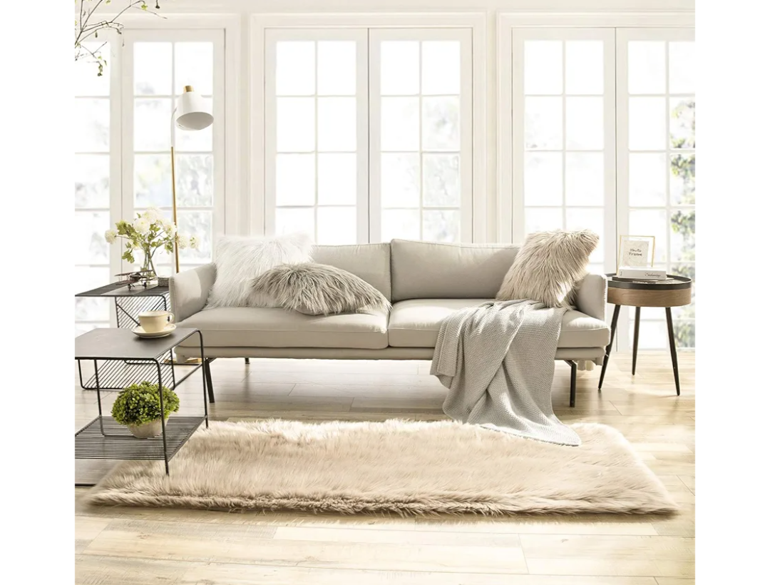 Ashler faux fur rug, Fluffy Shaggy Area Rug Ultra Soft 9×7Feet Rectangle Fur Rug, Beige Fuzzy Rug Machine Washable Shag Rug, Nursery Decor Throw Rugs for Bedroom, kids room, Living Room