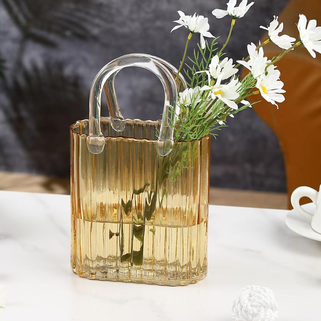 Purse Vase, Glass Bag Vase, Glass Purse Vase for Flowers, Amber Glass Vase, 11.2 Inch Large Glass Flower Vases, Ribbed Vases for Wedding, Living Room, Bedroom, Table, Office