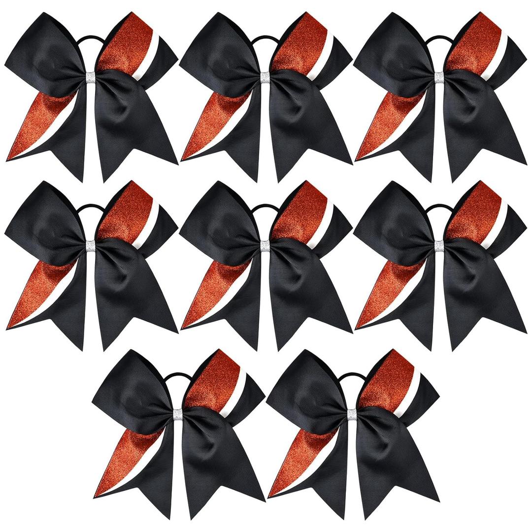 8 PCS Large Glitter Cheer Bows 8" Hair Bows Sparkly Cheerleading Softball Team Bow Hair Ponytail Holder Accessories for cheerleaders football Competition Sports- Black Red White