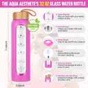 Aqulea Glass Water Bottles 32 Oz with Silicone Sleeve - BPA Free Reusable Wide Mouth Glass Motivational Water Bottles with Fruit Infuser Leak Proof Borosilicate Water Bottle with Time Marker (Rose)