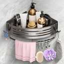 Corner Shower Caddy Suction Cup, Shower Shelves Organizer for Bathroom Storage, Aluminum No-Drilling Removable Rustproof Shower Shelf Rack with Towel Bar & Hooks (Gray)