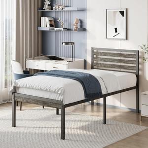 18 Inch Metal Twin Bed Frames with Gray Wooden Headboard, Heavy Duty Tall Twin Platform Bed Frame with Steel Slat Support, Noise Free, No Box Spring Needed, Easy Assembly