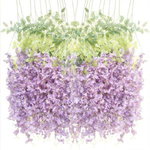 HUAHUA Artificial Wisteria Flowers, White Dense Artificial Fake Wisteria Vine Ratta Hanging Garland Silk Flowers String for Home Party Wedding Decor (24pcs Light Purple)