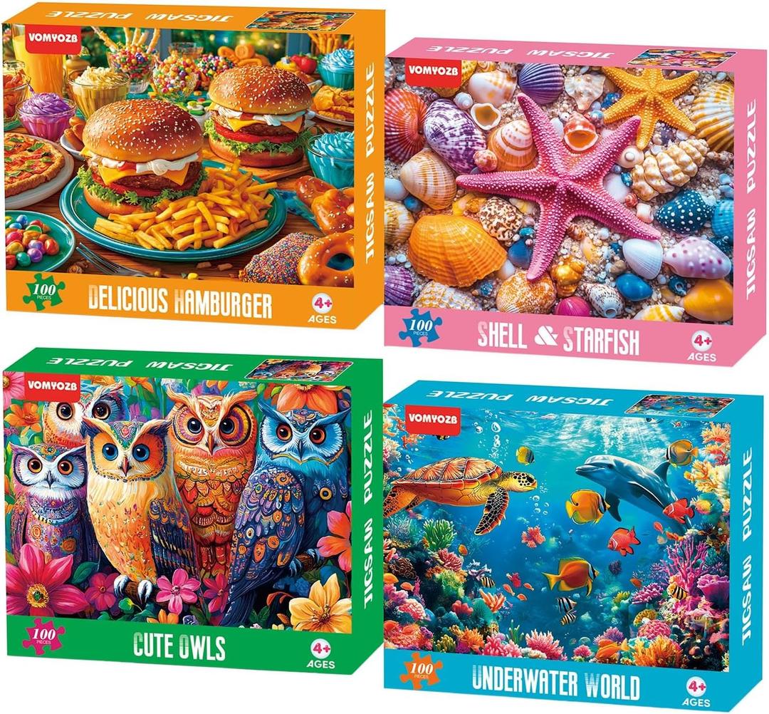 4 Packs 100 Piece Puzzles for Kids Ages 4-6, Jigsaw Puzzles for Kids Ages 6-8 8-10 Sea World, Owls, Hamburger, Starfish Learning Educational Toys for Boys and Girls