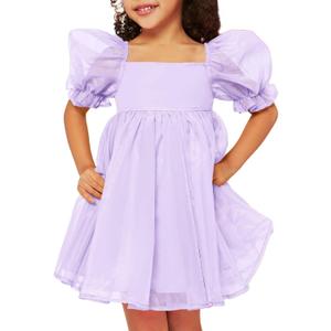 WDIRARA Toddler Girl's Mesh Tulle Dress Square Neck Puff Short Sleeve Ruffle Hem Birthday Party Cute A Line Midi Dress Purple 5Y