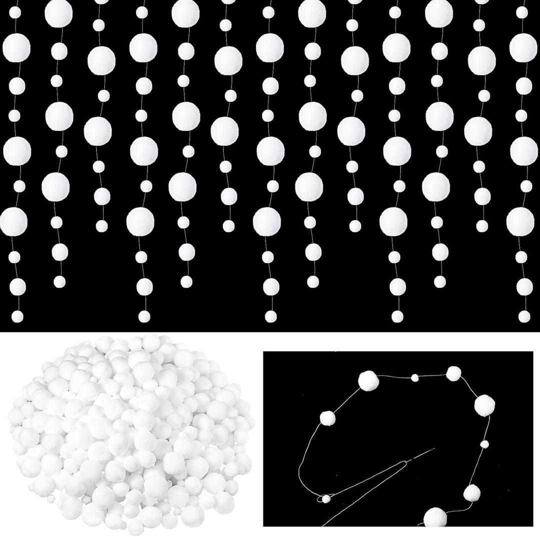 600 Pcs White Pom Pom Garland White Felt Ball Garland with Thread Sewing Needles Boho Decorations 3 Size for Birthday Room Window Decor House Scenery