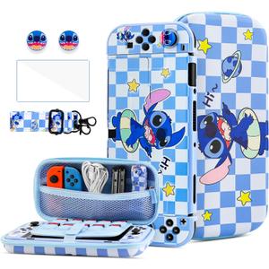 HYPERCASE Cute Carrying Case Set for Nintendo Switch OELD, with Blue Cartoon Travel Bag for OLED Accessories, Hardshell Switch OLED Protective Cover, Screen Protector, Shoulder Straps & 2 thump caps