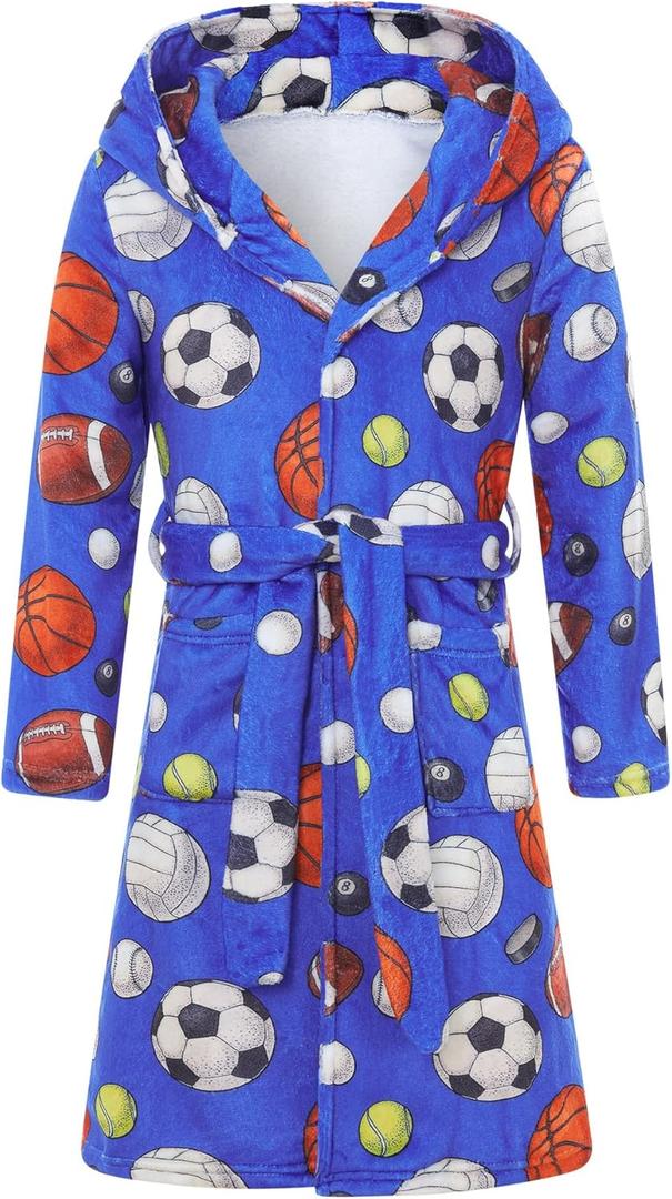 Funnycokid Boys Robe Kids Hooded Fleece Bathrobe Flannel Pajamas Soft Sleepwear 7-14 Years