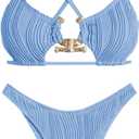 ZAFUL Women's Sexy Cutout Bikini Set High Cut Textured Metal Ring Cheeky Swimsuit Two Piece Bathing Suit (Blue, L)