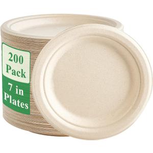 Vplus 200 Pack Paper Plates 7 inch 100% Compostable, Heavy-Duty Disposable Paper Plates Bagasse Natural Biodegradable Eco-Friendly Sugarcane