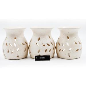 Hosley Elegant Ceramic Oil Warmers with Leaf Pattern and Speckle Design 4.5 Inches High Tealight Compatible for Aromatherapy and Home Decor Set of 3 (Cream 2)