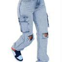 Women's High Waisted Ripped Boyfriend Cargo Jeans Distressed Denim Pants with Flap Pockets,Size M