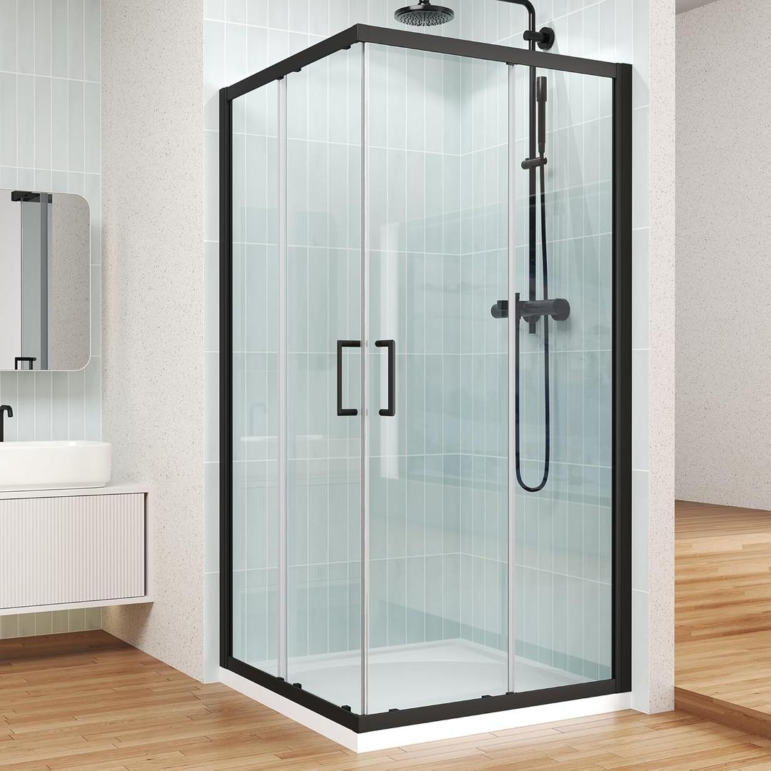 ENSO SENKA Corner Shower Enclosure 34" D X 34" W X72" H Shower Stall for Walk in showering, 1/4" Thick Clear SGCC Tempered Glass Sliding Shower Door, Matte Black (Shower Base Not Included)