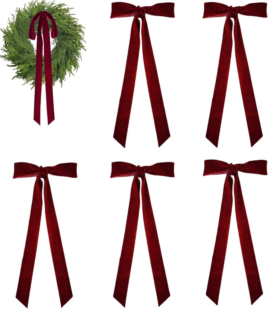 Large Burgundy Velvet Bows 6 Pcs Vintage Christmas Tree Topper 28x12 Inch Wreath Bow for Indoor/Outdoor, Heavy Duty Xmas Ornaments (Burgundy, 12 x 28 Inch)