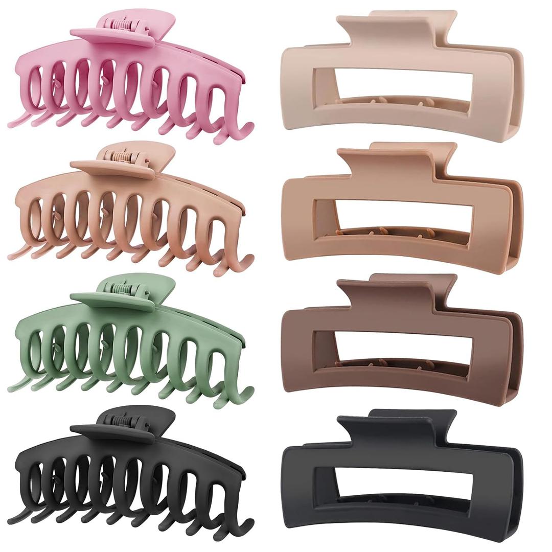 TOCESS 8 Pack Big Hair Claw Clips for Women Large Claw Clip for Thin Thick Curly Hair 90's Strong Hold 4.33 Inch Nonslip Matte Jumbo Hair Clips (8 Pcs) (Assorted A.Beige, Pink, Green, Khaki, Brown, Black)