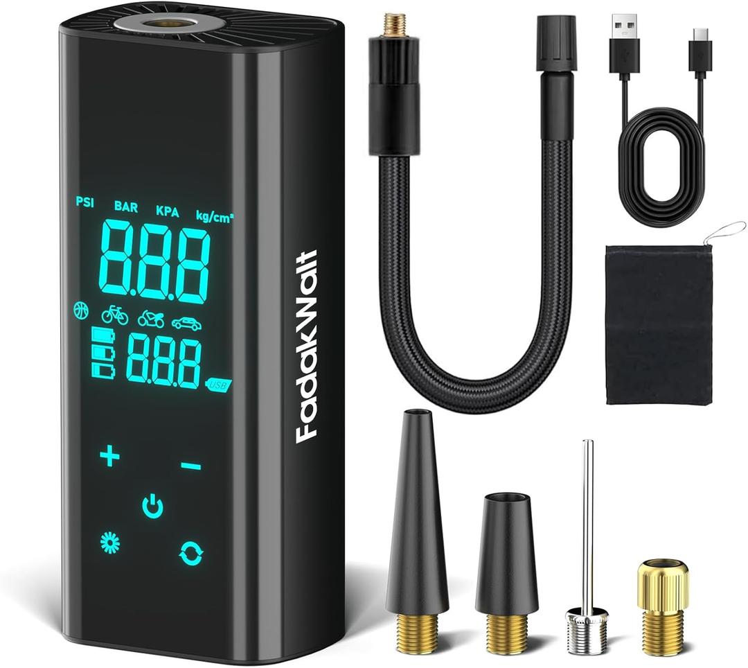 FADAKWALT Tire Inflator Portable Air Compressor, 150 PSI Cordless Air Pump with Digital Pressure Gauge, LED Light, Auto Shut-Off, for Car, Motorcycle, Bike, Ball  Not for Truck Tires