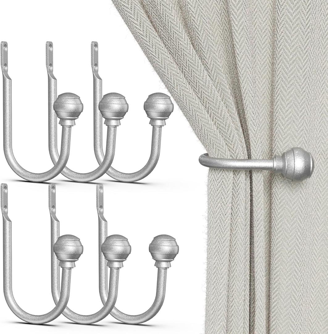 Hion Curtain Holdbacks Silver 6pcs, Curtain Tiebacks Wall Mounted Curtain Hooks Holders for Drapes
