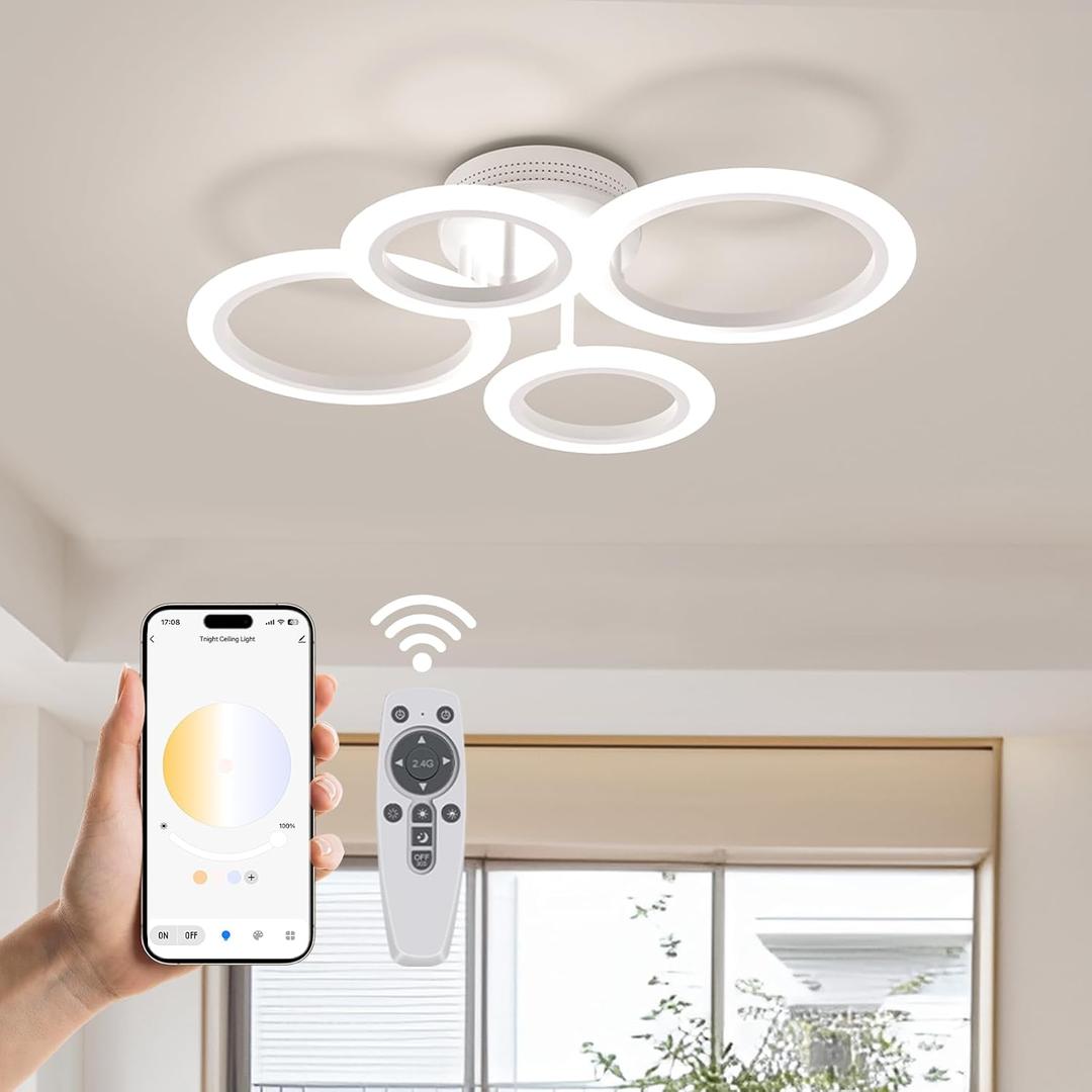 48W LED Ceiling Light, 2800K-7000K Dimmable Kitchen Light Fixtures, White 4 Arylic Ring Flush Mount Lights for Living Room, Round Chandeliers Lampara de Techo for Bedroom, Small Room