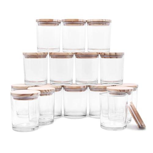 SHOWIN Thick Candle Jars for Making Candles 14 Pcs, 7 OZ Empty Jars with Wood Lids for Candle Making, Sample Container, Clear