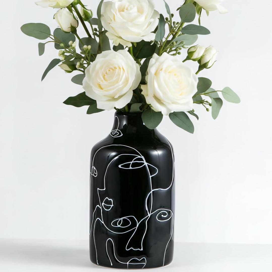 Kimdio Ceramic Vase Irregular face Design Decorative Flower Vase for Home Decor Living Room, Home, Office, Centerpiece,Table and Wedding B-Black