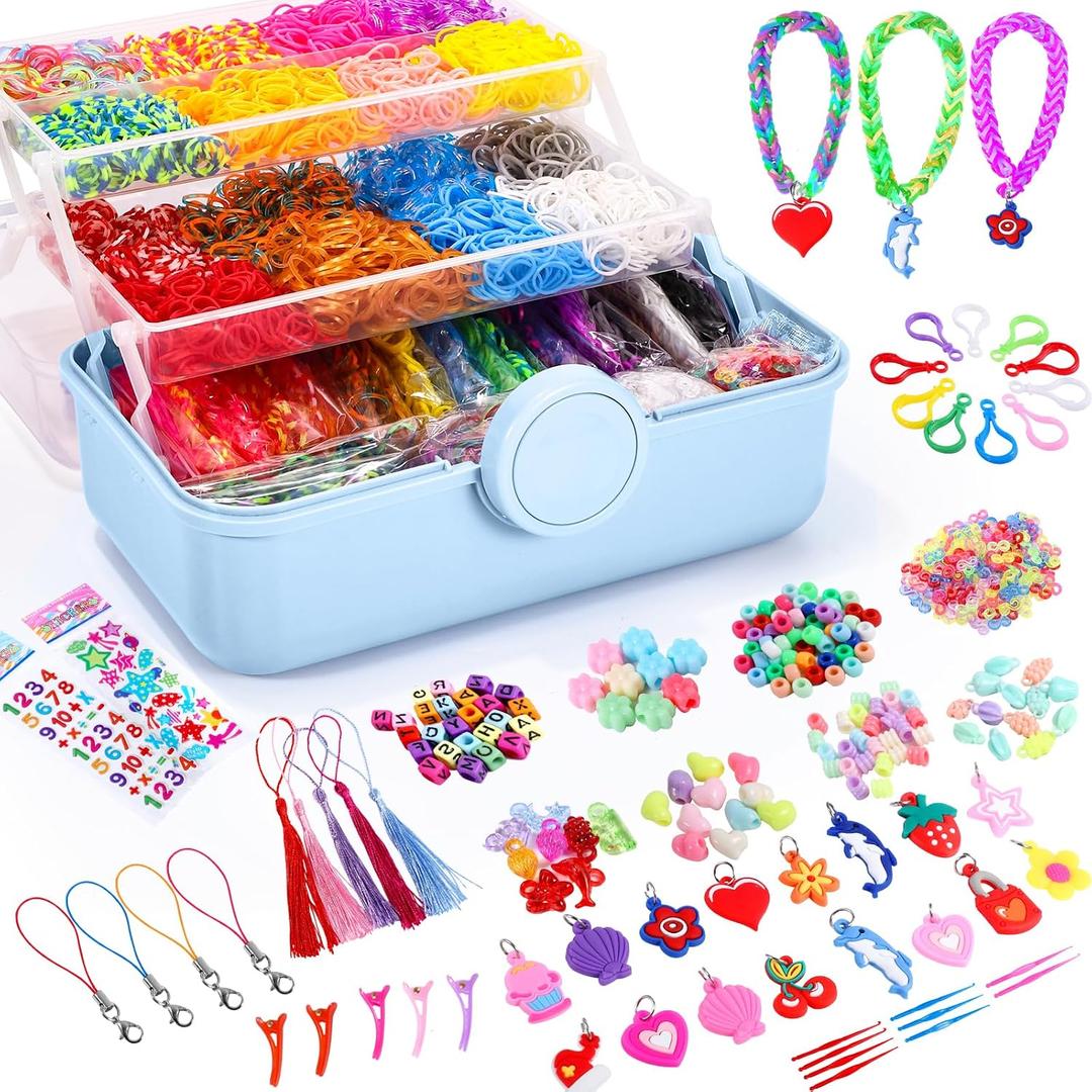 18500+ Bracelet Making Kit Rubber Band, 26 Colors Rubberband Bracelet Kit with 3 Layer Container Includes Glow-in-The-Dark Rubber Bands, Birthday Gifts Easter Stocking Stuffers for Kids 8-12(Blue), Small
