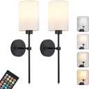 Battery Operated Wall Sconces Set of Two,Wireless Rechargeable Wall Light With Remote Control, Dimmable, Amber Light/Warm White/Natural White/Daylight/RGB, Timer,for Living Room,Bedroom,Entryway,Black