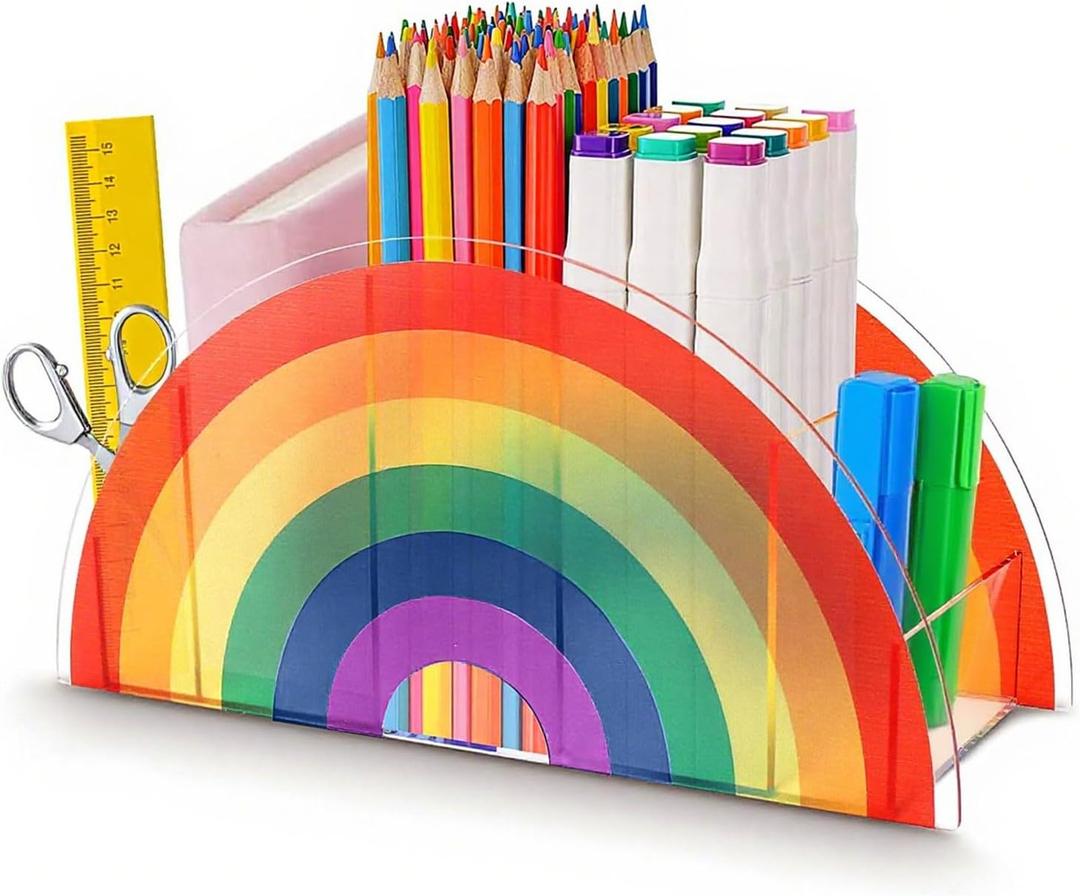 Pen Holder for Desk, Rainbow Pencil Holder, Acrylic Pencil Cup, Teacher Supplies for Rainbow Classroom Decor, Cute Desk Organizer for Kindergarten, Office, Crayon Marker Art Supply Storage