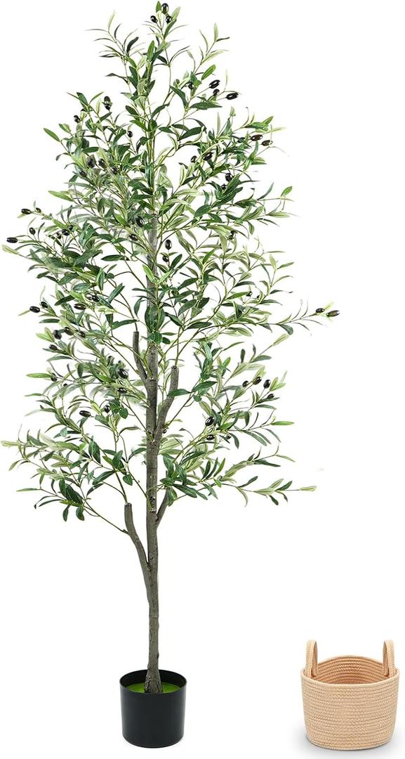 Olive Trees Artificial Indoor 6FT, Faux Olive Tree with Woven Basket & Natural-Looking Wood Trunk, Realistic Leaves & Fruits, Maintenance-Free Tall Fake Olive Tree for Modern Home Office Decor