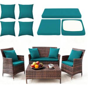 Waterproof 3-Piece Patio Sofa Cushion Cover Set - Replacement Covers for Outdoor Wicker Furniture, Bench & Seat Cushions with 4pcs Throw Pillow Cover (Peacock Blue)