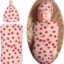 Red Cherrys Newborn Swaddle Blankets Hat Sets Soft Baby Receiving Blanket Swaddle Sack for Baby Shower Infant Boy Girl Gift