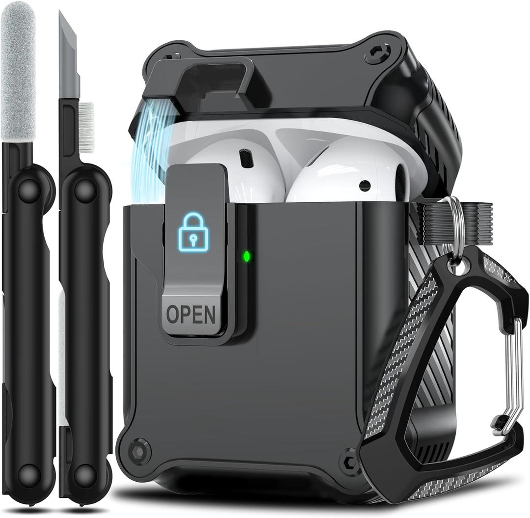 RFUNGUANGO for Airpods 2nd and 1st Generation Protective Cases Automatic Pop-up with Safety Lock Clip, Full Body Shockproof Hard Case with Keychain (Cleaning Tool) - Black