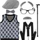 EFORLED Kids 100 Days of School Costume for Boys - Halloween Old Man Costume Hat, Glasses and Grandpa Vest Set for Child,LightGrey1-4 (3T(3-4yr))