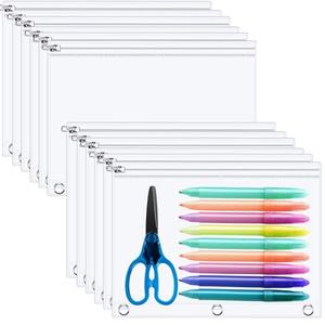 Lincia 24 Pack Clear Pencil Pouch for 3 Ring Binder Pencil Case with Zipper 3 Ring Binder Pocket Insert Bag 10 x 7'' Visible Cash Envelope with Re-enforced Grommet for Office (Clear)