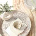 HITOMEN 14.2" Hand-Woven Round Rattan Serving Tray Decorative Ottoman Wicker Platter with Handles for Coffee Table, Breakfast, Drinks, Snack, Bread, Fruit, Vegetables (Whitewash-L)