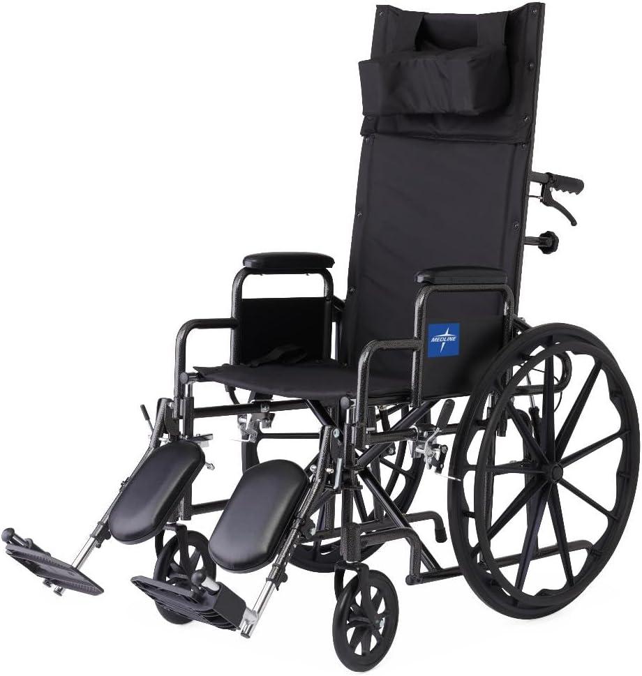 Medline Reclining Wheelchair, 18", with Elevating Leg Rests, Durable Vinyl, 300 lb. Weight Limit, Reclines 90 to 140 Degrees